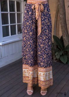 Boho Pants - Palazzo Pants in Leg Pants, Jasmine in Navy Blue For Women Fabric: Cotton Rayon Blend Garment Care: To keep your clothes in good condition, please hand wash or wash them in the washing machine with a delicate cycle in cold water. Using a laundry mesh bag can prevent tangling and tearing. Size: Our size differs from AU, EU, and US sizes. Please compare the detail sizes with yours before ordering. Please allow 1-2 cm differs due to manual measurement. Pant cm Size Waist Hip Length S 6 Clothing Exchange, Elegant Bohemian, Palazzo Pant, Bohemian Floral