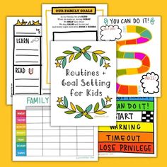 four printables with the words routine and goal setting for kids