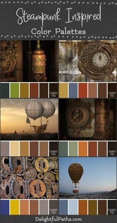 a collage of different pictures with the words steampunk inspired color palettes