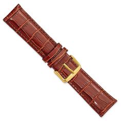 Calf leather band, gold-tone, stainless steel buckle, crocodile-style, 5.5mm thick. Product Specifications - Length of Item : 7.5 in - Material : Accents : Stainless Steel - Watch Band Material : Leather - Material : Accent Color 1 : Gold Tone - Clasp /Connector : Buckle - Width of Item U/M : in - Watch Band Width : 22 - Watch Band Width U/M : mm - Product Type : Watch - Material : Primary - Color : Brown - Height : 5.5 mm How do I know what width watch band I need? To determine the width of the Gold Rectangular Watch Bands For Business, Gold Adjustable Watch Accessories, Gold Rectangular Watch Band With Leather Strap, Formal Gold Watch Accessories With Stainless Steel Clasp, Gold Bracelet Strap Watch Band For Business, Gold Leather Strap Watch Band For Business, Adjustable Gold Leather Watch Bands, Formal Gold Leather Watch Band, Watch Accessory