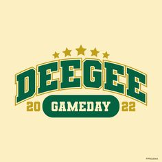 the logo for deegee's gameday, which features stars and green lettering