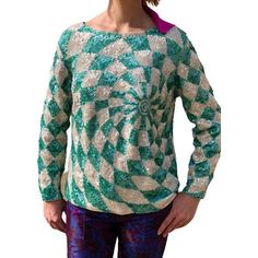 Vintage 60s Sequin Sweater Harlequin Blue-Green Sparkly Top - Thrilling Etsy Vintage Clothes, Vintage Harlequin, Football Sweater, Harlequin Pattern, Textured Knit Sweater, Sparkly Top, Lined Jeans, Sequin Sweater, Spring Sweater