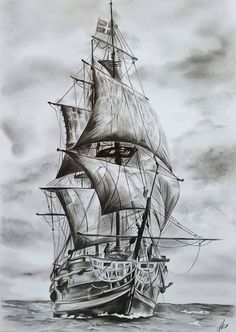 a drawing of a sailing ship in the ocean