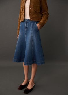 Side length 26.57 in. Skirt length 26.57 in Extra Dresses, Midi Design, Flared Denim Skirt, Turkey Dress, Eye Spy, Midi Denim, Black Denim Skirt, Denim Skirt Women, Skirt Jumpsuit