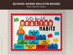 a bulletin board with legos on it and the words let's build healthy habitts