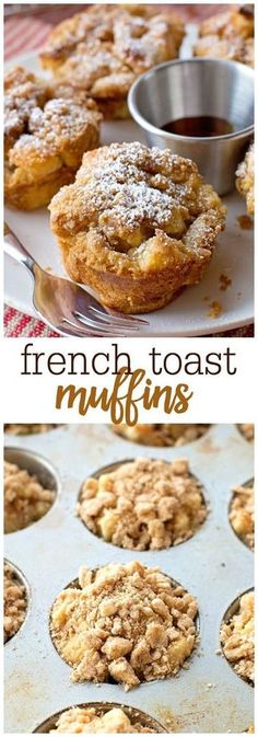 french toast muffins are sitting on a plate next to a cupcake tin