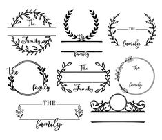 a set of black and white frames with the words family on them, surrounded by wreaths