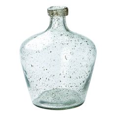 an empty glass bottle is shown on a white background