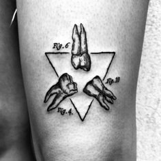 two hands and triangle tattoo on the thigh, one is holding an object in it's right hand