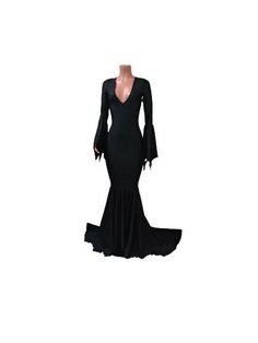 Morticia Addams dress Choose neckline black Mermaid Dress | Etsy Fitted Gothic V-neck Dress, Black Mermaid Dress For Prom, Fitted Black Gown With Sweep Train, Black Fitted Mermaid Silhouette Dress, Fitted Black Mermaid Dress For Night Out, Black Stretch Mermaid Dress, Black Floor-length Gown For Costume Party, Elegant Black Halloween Gown, Elegant Black Gown For Halloween