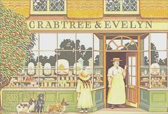 the front entrance to crabtree & evelyn with two women and their dogs in front