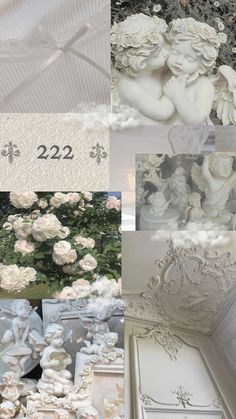 the collage shows white flowers and angel figurines in different stages of creation