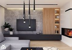 modern living room with fireplace and built - in entertainment center