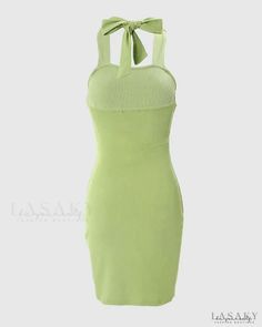 Lasaky - Tie Detail Bodycon Dress Elegant Green Bodycon Beach Dress, Trendy Green Halter Neck Dress, Elegant Green Bodycon Dress For Day Out, Green Stretch Bodycon Dress For Day Out, Knee-length Green Bodycon Dress For Day Out, Green Bodycon Midi Dress For Day Out, Runway Trends, Olivia Mark, Athletic Tank Tops