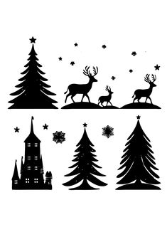 the silhouettes of christmas trees and deer