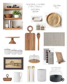 a collage of kitchen items including plates, utensils and other things on display