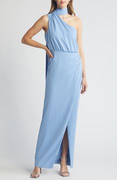 A simple fixed scarf accents the neckline of this elegant one-shoulder column gown sure to stun at your next event. 62" length (size 8) Hidden side-zip closure One-shoulder neck Lined 100% polyamide Dry clean Made in the USA of imported fabric Blue Maxi Dress With Side Slits For Gala, One Shoulder Bias Cut Formal Gown, Elegant Blue One-shoulder Dress For Formal Events, Blue One Shoulder Dress For Gala, One Shoulder Maxi Dress With Side Slits For Wedding, Blue Gown With Asymmetrical Neckline For Formal Events, Blue Gown With Asymmetrical Neckline For Formal Occasions, One Shoulder Bias Cut Maxi Dress For Formal Occasions, Formal One-shoulder Bias Cut Maxi Dress