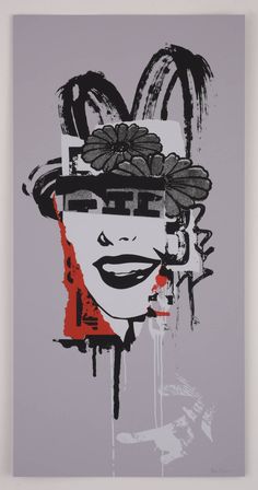 an abstract painting with black and red paint on it's face, in the shape of a woman's head