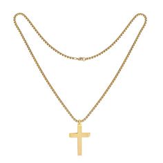 Men's Stainless Steel Classic Cross Pendant with Chain Necklace Give him a gift of faith with this classic cross pendant. Made of durable stainless steel and paired with a sturdy box chain, this handsome piece is a great choice for everyday wear.       Pendant approx. 1-11/16"L x 1"W     Chain approx. 24"L x 1/8"W      Made of stainless steel     Comes with box chain with lobster claw clasp Mens Cross Necklace Gold, Solod Gold Cross Necklace Mens, Men’s Gold Cross Necklace, Gold Cross Pendant For Men, Necklace Boys, Gold Cross Necklace Mens Jewelry1000.com, Gold Cross Necklace, Pendant With Chain, Gold Cross