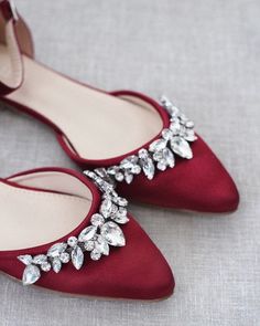 "Embellished pointy toe flats with sparkly row of teardrop rhinestones across toe and detachable ankle strap. Comfort with simplicity perfect for brides and bridesmaids. YOU CAN CHOOSE STYLE OF ANKLE STRAP AT CHECKOUT Details: Colors available: Black, Blush, Burgundy, Champagne, Light Blue, Navy, Red, Royal Blue, Ivory, and White UPPER: Synthetic upper and lining MATERIALS: Mandmade outsole STYLE NAME: BELLA SIZE FIT: RUNS LARGE, ORDER HALF SIZE DOWN FROM YOUR NORMAL SIZE Not sure of which size Pink Bridesmaid Shoes, Jeweled Hair Comb, Fall Wedding Shoes, Winter Wedding Shoes, Holiday Heels, Bridesmaids Shoes, Shoes Bridesmaid, Wedding Shoes Bridesmaid, Ivory Bridal Shoes