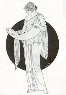 an old drawing of a woman in ancient greek dress