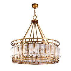 a gold chandelier with clear glass drops hanging from the ceiling, on an isolated white background