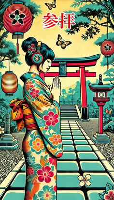 This beautiful illustration depicts a Kimono Beauty praying at a Japanese shrine, symbolizing a deep connection to cultural heritage and spirituality. The tranquil atmosphere, traditional lanterns, and iconic torii gate create a peaceful scene, blending traditional Japanese elements with a modern artistic touch. A gentle representation of respect and mindfulness in Japanese culture.  #KimonoBeauty #JapaneseArt #Kimono #PopArt #JapaneseCulture #ModernTradition #CulturalFusion #FusionArt #Wallpaper #ShrinePrayer Japanese Elements, Skull Girl Tattoo, Japanese Shrine, Torii Gate, Traditional Lanterns, Beautiful Illustration