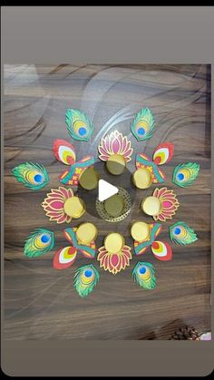 a wooden clock with peacocks painted on it