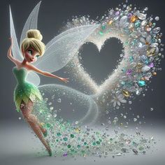 the tinkerbell fairy is standing in front of a heart shaped frame with crystals