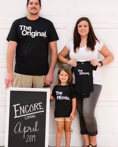 The Original The Remix The Encore® matching family set shown with triblend black shirts. These amazingly soft tees are perfect for family vacations, family photo shoots, baby shower gifts, and the cutest most unique pregnancy and birth announcements! See details of quality and fit below. COLOR OPTIONS: Navy: https://www.etsy.com/shop/KaAnsDesigns?section_id=21742764 Grey: https://www.etsy.com/shop/KaAnsDesigns?section_id=21742768 Jersey: https://www.etsy.com/listing/628265284/mommy-and-me-outfit Baby 2 Announcement, New Baby Announcement, Matching Tshirts, Personal Gifts, New Baby Announcements, Family Of 5, Sibling Shirts, Family Vacation Shirts, Mama Tee