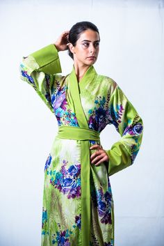 green kimono maxi dress Fitted Wrap Kimono For Spring, Fitted Silk V-neck Kimono, Spring Fitted Wrap Kimono, Fitted Green Spring Kimono, Green Silk V-neck Kimono, Fitted Long Green Kimono, Spring Silk Kimono With Kimono Sleeves, Green V-neck Kimono For Summer, Green V-neck Kimono For Spring