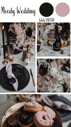 the wedding table is decorated with pink and black donuts, champagne glasses, and flowers