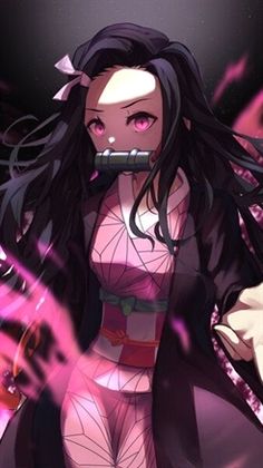 an anime character with long black hair and red eyes