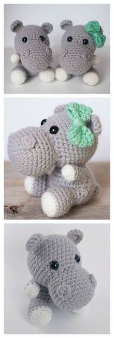 crocheted elephant stuffed animal with green bow on its head and tail, sitting next to each other