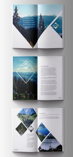 three pages spread out on top of each other, with mountains in the background and blue sky