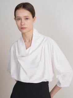 Color: WhiteCountry of Origin : Republic of Korea Modern Oversized Formal Blouse, Oversized Modern Formal Blouse, Elegant Oversized Formal Tops, Oversized Long Sleeve Tops For Formal Occasions, Modern Oversized Blouse For Office, Classic Evening Tops With Blouson Sleeves, Chic Oversized Formal Top, Batwing Sleeve Blouse For Work In Fall, Modern Long Sleeve Tops With Blouson Sleeves