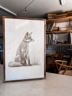 a drawing of a fox sitting on top of a table next to a book shelf