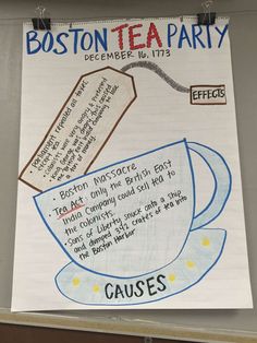 a piece of paper taped to a bulletin board that says boston tea party, december 16 - 17