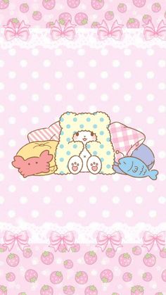 a pink background with teddy bears and other stuffed animals on top of eachother