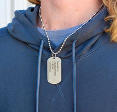 Custom dog tag necklace can be personalized with phrase, name, date, etc. - choose to engrave on the front only or front and back!  We can engrave horizontally or vertically. You can choose the 2 dog tag option and get another set of engraving! Chain offered as Ball Chain or Curb Chain - 100% Stainless Steel for No Tarnishing.  Curb chain is 5mm thick for a great masculine necklace. More Men's Necklaces - https://www.etsy.com/shop/DistinctlyIvy?ref=l2-shopheader-name&search_query=mens Precision Masculine Necklace, Military Dog Tag, Military Jewelry, Deployment Gifts, Military Dog, Men's Necklaces, Dog Tags Military, Custom Dog Tags, Minimal Necklace