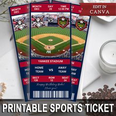 three baseball tickets sitting on top of a table next to some coffee beans and other items