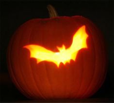 a carved pumpkin with a bat on it