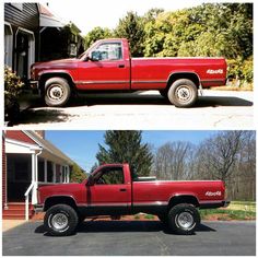 two pictures of the same red truck in front of a house and another photo of it's side by side