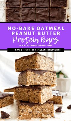 no - bake oatmeal peanut butter protein bars stacked on top of each other