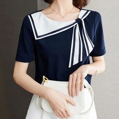 Chelstin - Short-Sleeve Sailor Collar Bow Blouse | YesStyle Nautical Outfits, Pakistani Formal Dresses, Summer Styling, Summer T Shirts, Fashion Tops Blouse, Pretty Blouses, Bow Blouse