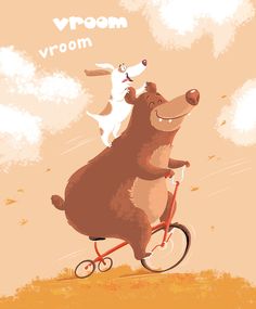 a cartoon bear riding a bike with a dog on it's back in the air