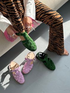 Green Leather T-strap Closed Toe Sandals, Green Leather Closed Toe T-strap Sandals, Spring Woven Leather T-strap Sandals With Round Toe, Green Leather T-strap Sandals For Spring, Spring Woven Leather T-strap Sandals, Blue Sandals Outfit, Pink Sandals Outfit, Fisherman Sandals Women, Leather Fisherman Sandals