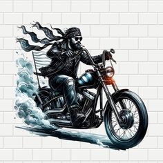 a man riding on the back of a motorcycle in front of a white brick wall