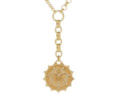 Bold, sophisticated, and statement making, this stunning Foundrae necklace exudes a timeless elegance. The butterfly has an X at its center and sits on the 18K yellow gold medallion with a tiny spade above it. It hangs at the base of the 18K yellow gold large belcher chain extension at the center of the mixed medium and small belcher chain. Its effortless style makes it a perfect necklace to wear every single day. Reverie means 'The Path to Joy' with the idea that elevated positive energy is the Luxury Jewelry Pendant With Butterfly Charm, Luxury Jewelry With Butterfly Charm Pendant, Luxury Butterfly Charm Pendant Jewelry, Luxury Pendant Jewelry With Butterfly Charm, Luxury Yellow Gold Medallion Necklace, Yellow Gold Medallion Chain Necklace, Luxury Medallion Necklace For Formal Occasions, Luxury Tarnish Resistant Medallion Coin Necklace, Luxury Tarnish-resistant Coin Pendant Necklace