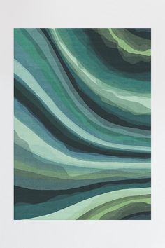 an abstract painting in shades of blue, green and white with wavy lines on it